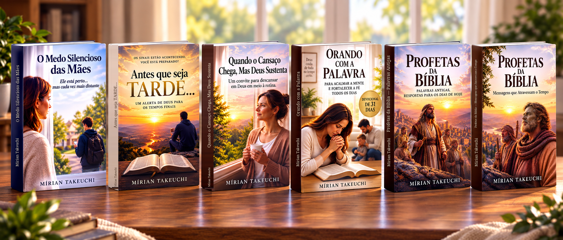Os seis e-books da coleção Fé para os Dias Incertos, de Mírian Takeuchi, sobre uma mesa de madeira com luz natural